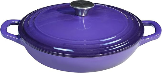 Flavehc Braiser Enameled Cast Iron Braiser 3 QT, Cast Iron Braiser Pan with Lid for Bread Baking, Soup & One Pot Meals, Small Shallow Dutch Oven Casserole for Oven & Induction, Purple