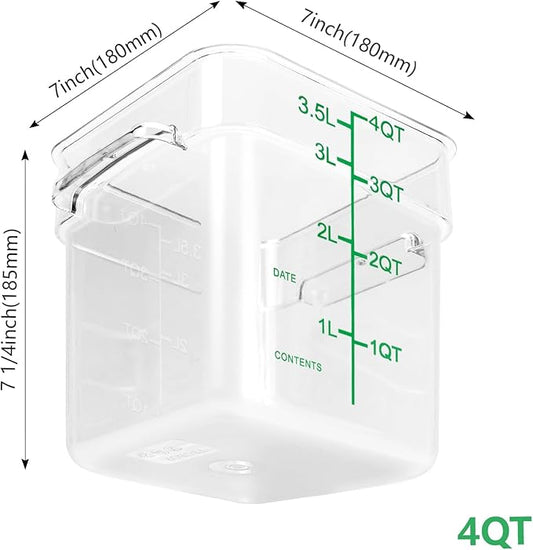 4 Pack Food Storage Containers with Green Lids, 4.0 Qt - Square, Clear, Polycarbonate, for Restaurant Commercial Kitchen and Home party