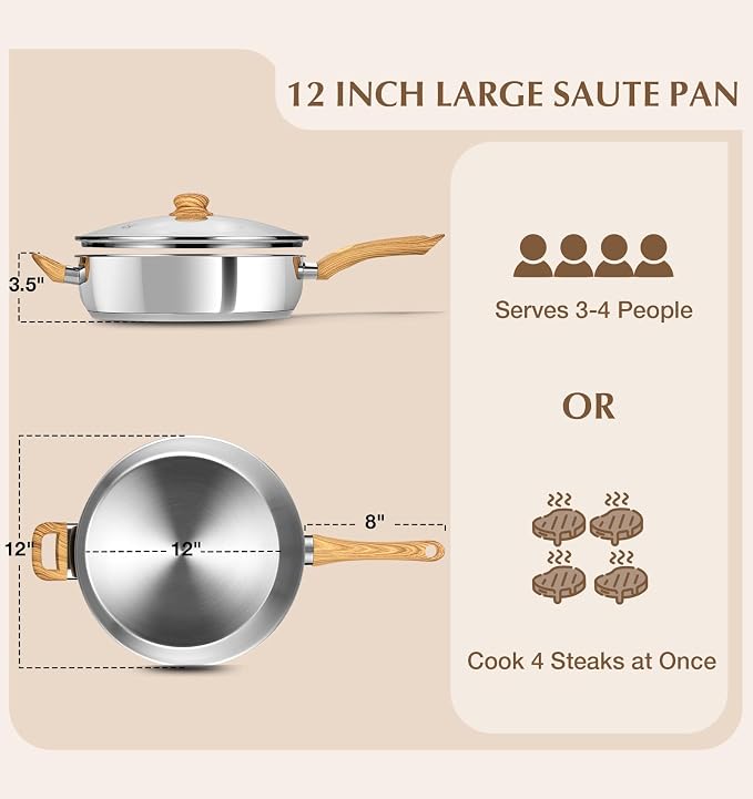 KOCH SYSTEME CS 12 Inch Stainless Steel Saute Pan with Lid, 6 Quart Deep Frying Pan, 18/10 Stainless Steel Saute Pan with Cool-Touch Bakelite Handle, Deep Fry Pan, Induction Ready