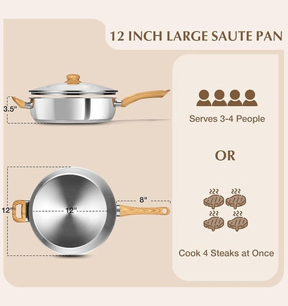 KOCH SYSTEME CS 12 Inch Stainless Steel Saute Pan with Lid, 6 Quart Deep Frying Pan, 18/10 Stainless Steel Saute Pan with Cool-Touch Bakelite Handle, Deep Fry Pan, Induction Ready