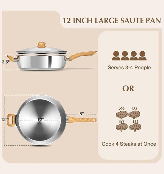 KOCH SYSTEME CS 12 Inch Stainless Steel Saute Pan with Lid, 6 Quart Deep Frying Pan, 18/10 Stainless Steel Saute Pan with Cool-Touch Bakelite Handle, Deep Fry Pan, Induction Ready