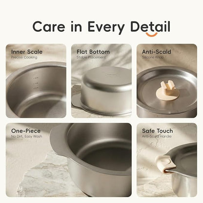 6-Piece Stainless Steel Cookware Set, 304 Food-Grade Nesting Pots and Dual-Use Lids, Stackable Space-Saving Design, All Cooktops Compatible, for Cooking, Baking and Serving