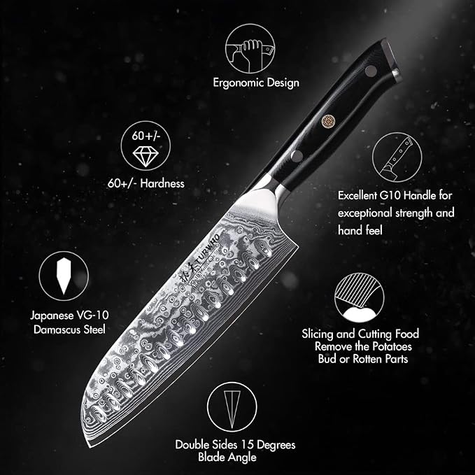 TURWHO Professional Santoku Knife 7 inch - Classic Damascus pattern Japanese VG-10 Steel Chef Knife