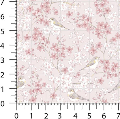 Patchwork Fabric Panel 100x155 cm, 100% Cotton Satin, 6 Coordinated Floral & Bird Patterns, Soft Blue Pink Quilting & Sewing Fabric (Spring Swallows, 6pcs 50x50cm)
