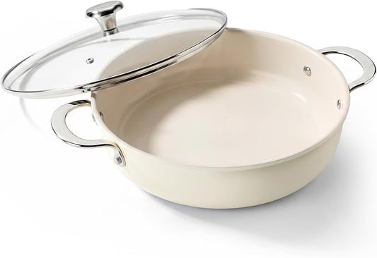 Redchef Ceramic Stock Pot, 4 QT Soup Pot with lid, Induction Stockpot Cooking Pot for All Stoves, Braiser Nonstick Rondeau Pot, Even Heating, Stay Cool Handle, Oven/Dishwasher Safe, PFAS Free (Beige)