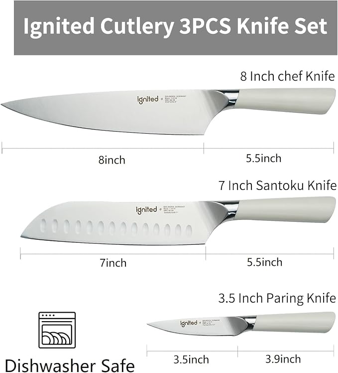 3 Piece Chef Knife Set - German Stainless Steel, Ergonomic Ivory White Handle, Full Tang Design Kitchen Knife Set, Ultra Sharp Chef Knives for Meat Vegetable Cutting, Ideal Gift for Chefs, Cooks