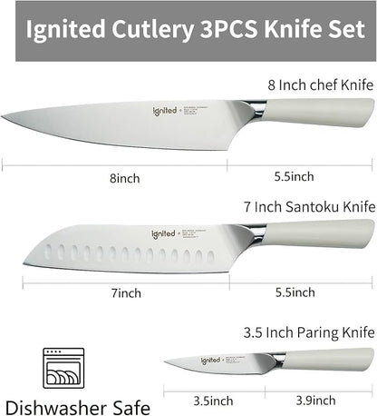 3 Piece Chef Knife Set - German Stainless Steel, Ergonomic Ivory White Handle, Full Tang Design Kitchen Knife Set, Ultra Sharp Chef Knives for Meat Vegetable Cutting, Ideal Gift for Chefs, Cooks