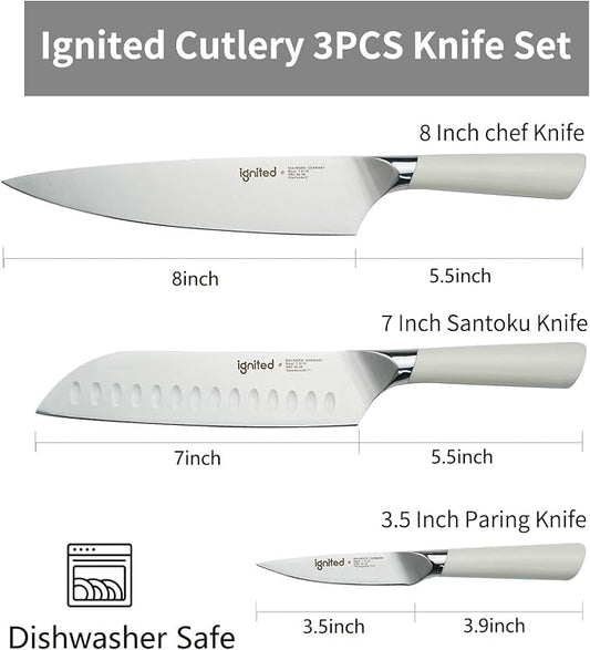 3 Piece Chef Knife Set - German Stainless Steel, Ergonomic Ivory White Handle, Full Tang Design Kitchen Knife Set, Ultra Sharp Chef Knives for Meat Vegetable Cutting, Ideal Gift for Chefs, Cooks