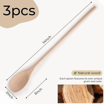 HANSGO 3PCS Wooden Spoons for Cooking, 14 Inch Long Handle Spoons for Deep Pots, Wooden Kitchen Utensil Set for Stirring, Mixing and DIY Crafts, Sturdy & Lightweight
