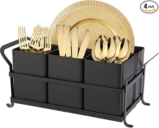 Silverware Caddy Metal Utensil Holder for Party Countertop Silverware Utensil Caddy Cutlery Flatware Organizer for Spoons Forks Plates Napkins Black