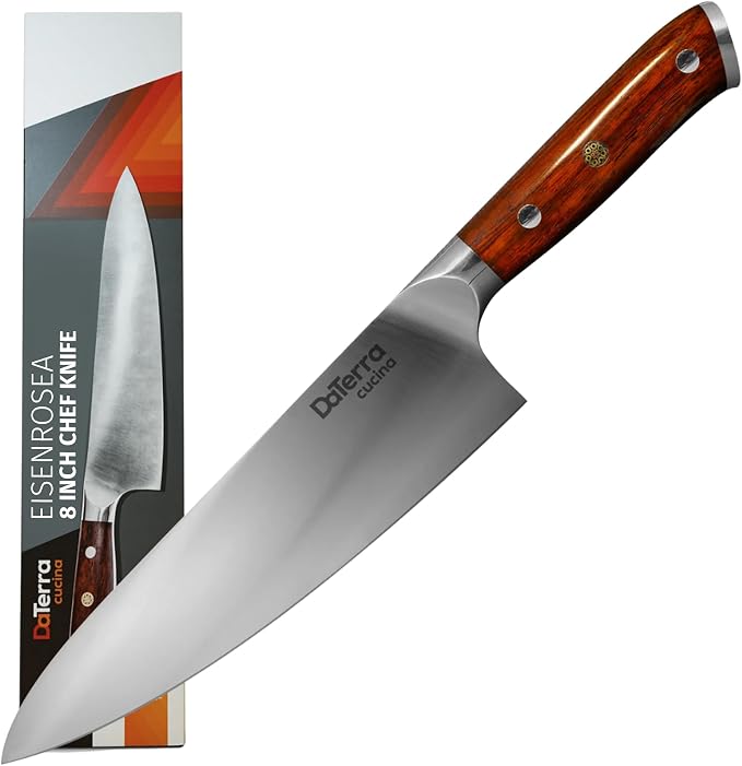 DaTerra Cucina - 8 Inch Chef Knife – German Steel Professional Kitchen Knife with Ergonomic Rosewood Handle, Sharp, Durable, Easy to Clean | Ideal for Chopping, Slicing & Dicing