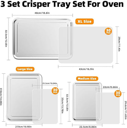 3 Set Air Fryer Basket, Air Fryer Pans and Tray for Oven with 90 PCS Parchment Papers, DEGOVIN Non-stick Stainless Steel Oven Air Fryer Basket and Tray-18.8" x 12.8" &14.88"×10.98"&12.8" x 8.9"