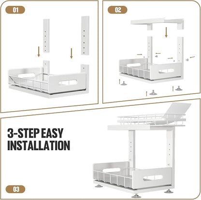 Under Sink Organizer Upgrade To Professional Rails,2-Tier Dual Pull Out Cabinet Storage,Height Adjustable Slide Out Drawers For Bathroom Kitchen,2 Pack-14.5" Dx12.8-16.9" H,White
