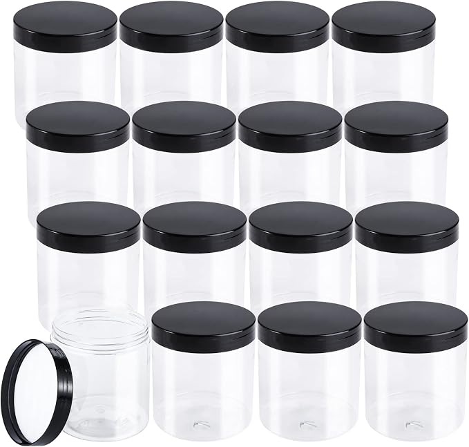Tosnail 16 Pack 17 oz Clear Plastic Jars with Black Lids, Leak-Proof Round Food Safe Storage Containers for Kitchen Use, Beauty Products, Spices and More