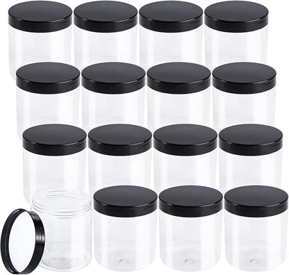 Tosnail 16 Pack 17 oz Clear Plastic Jars with Black Lids, Leak-Proof Round Food Safe Storage Containers for Kitchen Use, Beauty Products, Spices and More
