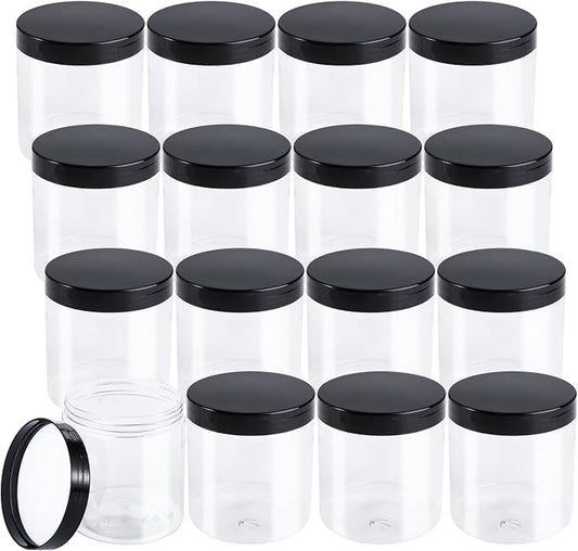 Tosnail 16 Pack 17 oz Clear Plastic Jars with Black Lids, Leak-Proof Round Food Safe Storage Containers for Kitchen Use, Beauty Products, Spices and More