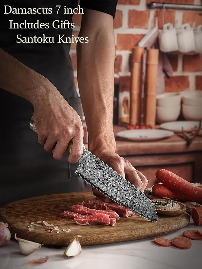 DONGSUN 7 Inch Damascus Santoku Knife with North American Black Walnut Sheath, 67-Layer VG10 Forged Steel Japanese Kitchen Knife, Professional Durable Sharpness