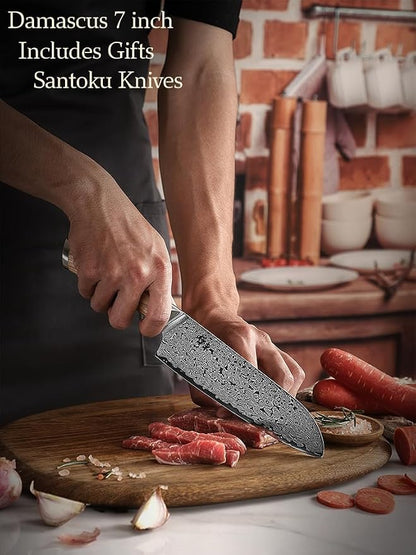DONGSUN 7 Inch Damascus Santoku Knife with North American Black Walnut Sheath, 67-Layer VG10 Forged Steel Japanese Kitchen Knife, Professional Durable Sharpness