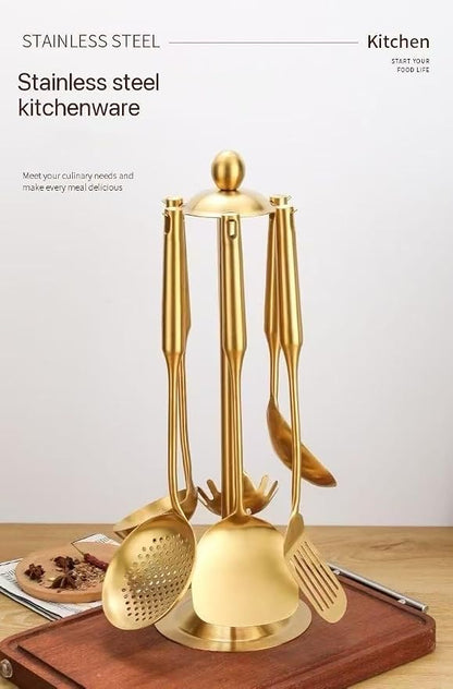 Premium 7-Piece Gold Kitchen Utensil Set with Stand, Stainless Steel Cooking Tools- Dishwasher Safe Ladle, Spoon, Spatula, Pasta Fork, Luxury Brass Kitchen Accessories for Home Chefs (Gold)