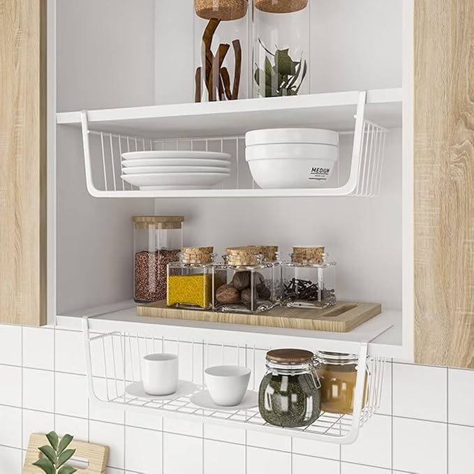 Under Shelf Storage Basket, Hanging shelf basket Slides Under Shelves for Storage Metal Under Cabinet Shelf Basket Organizer Space Saving for Kitchen Pantry Desk Bookshelf (White Pack of 2)