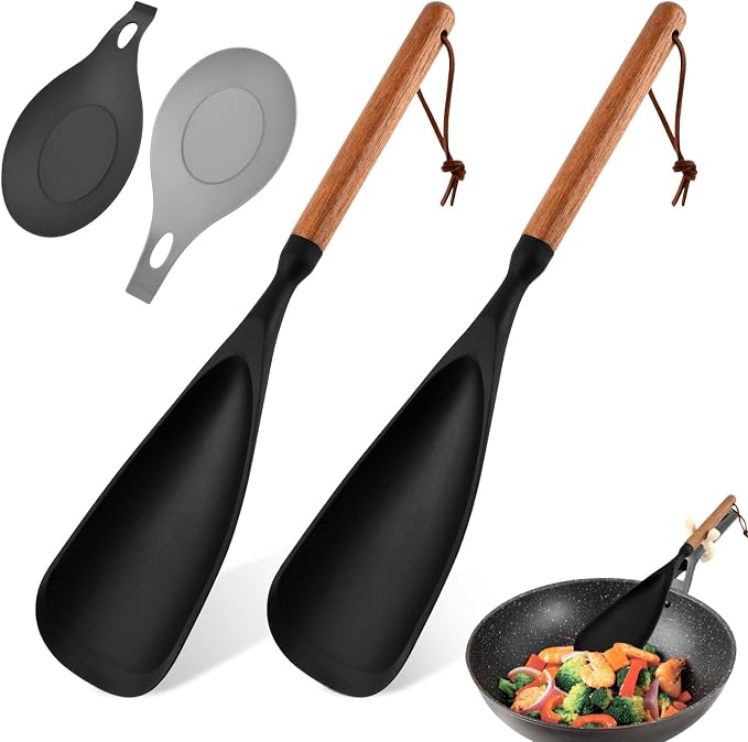 2 Pack Cedar and Ash Spoonula with 2 Spoon Pad, Multifunction Spatula Cooking Spoon, Non stick Flat Serving Spoons, Scraping & Serving Heat-Resistant Spatula