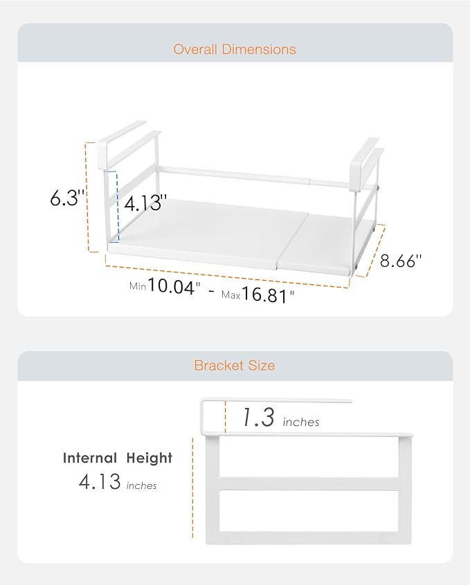 Under Shelf Storage Basket, 2-Pack Under Cabinet Shelf Organizer | Expandable Hanging Basket Holds 35 lbs Add-On Kitchen Pantry Cupboard Counter Laundry 10.04-16.81" W x 8.66" Dx 4.13" H