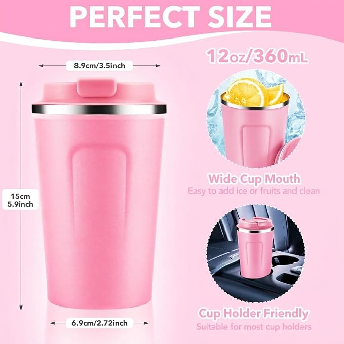 Volhoply 12 oz Double Wall Insulated Vacuum Travel Coffee Mug with Flip Lid Bulk 4 Pack,Reusable Stainless Steel Leak Proof Coffee Cups,Portable Cafe Thermal Tumbler for Hot & Cold Drinks(Pink,4 Set)