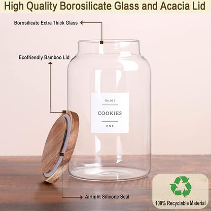 1 Gallon Large Glass Cookie jar with Airtight Acacia lids - Thicken Big Food Storage Containers with 42 Kitchen Waterproof Pantry Labels Preprinted - Clear Glass Canister for Flour, Rice, Coffee