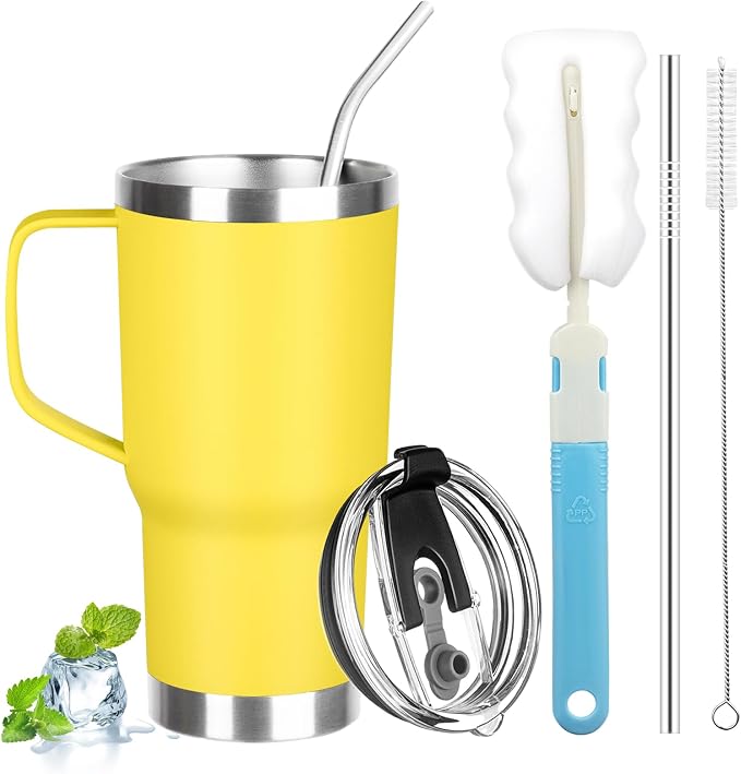 20 oz Tumbler with Handle, Stainless Steel Insulated Tumbler with Lid and Straw, Double Wall Vacuum Coffee Mug Tumbler, Insulated Coffee Thermal Cup for Cold and Hot (Yellow, 20 Ounces)