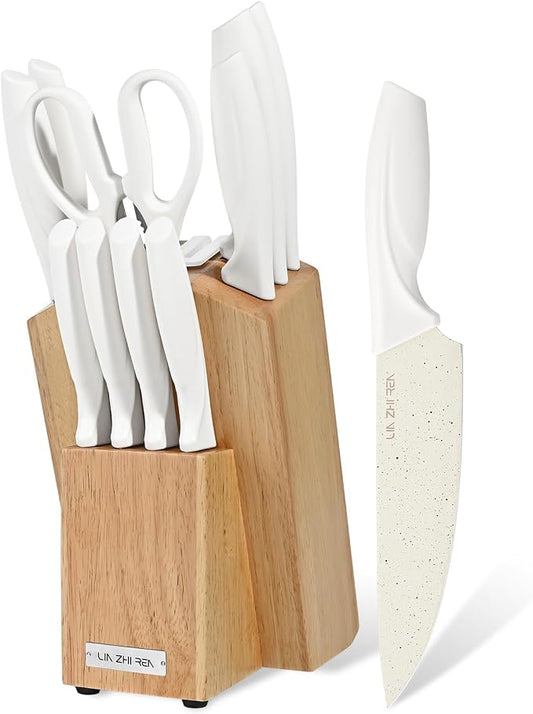 13 Piece Knife Set，Kitchen Knife Block Set，White stainless steel knife set with sharpener for Chopping, Slicing, Dicing & Cutting，Dishwasher safe