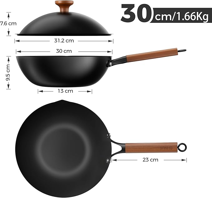 Sanho 12 Inch Carbon Steel Wok Pan, 4QT Woks & Stir-Fry Pans Nonstick with Lid, No Seasoning Required & 0 Coating, Compatible with All Cooktops & Utensils for Stir Fry, Pan-Fry, Steam, Camping