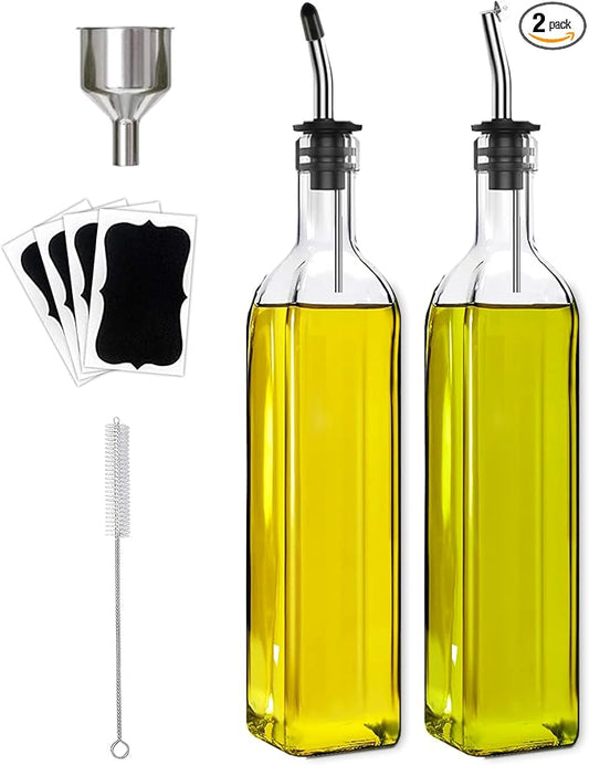 Leaflai Olive Oil Dispenser Bottle, 2 Pcs Glass Olive Oil Dispenser and Vinegar Dispenser Set with 2 Stainless Steel Pourers, 4 Labels,1 Brush and 1 Funnel Oil Bottles for Kitchen (500ml)