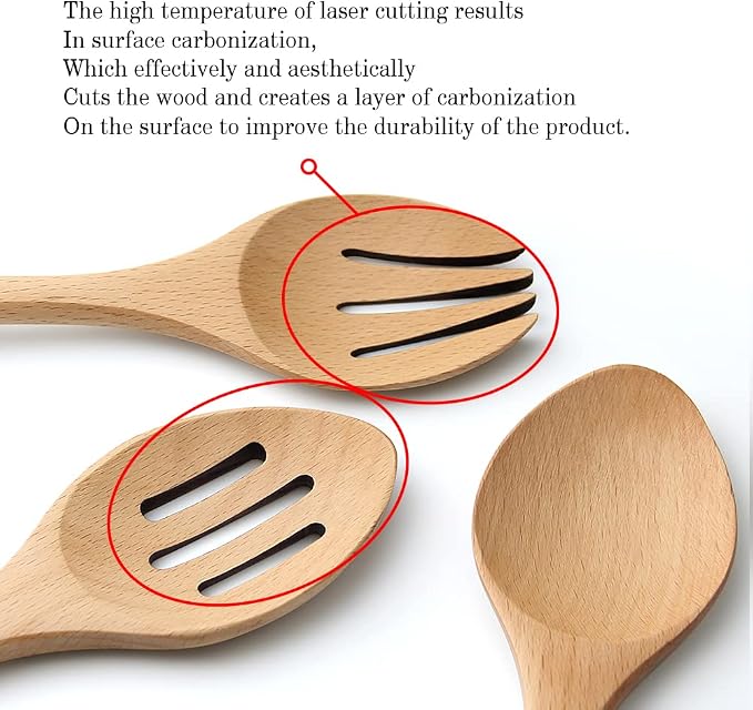 AOOSY Wooden Slotted Spoon for Cooking, 12 Inch Natural Beechwood Spoon | with 4.3 Inch Heat Resistant Rubber Grip Handle, Pointed Head for Scraping, for Mixing Tossing Serving Salad Pasta and Fruits