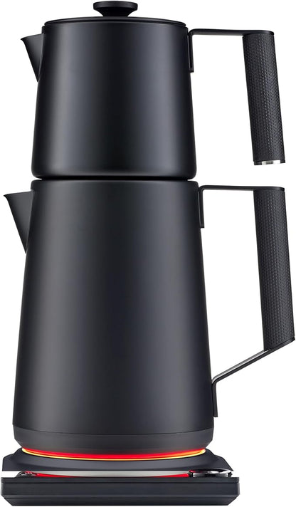 Saki Turkish Tea Maker Machine Pro, Electric Double-Pot Teapot 1.75L 120V, 120 Min Keep-Warm, Stainless Steel BPA-Free, Auto Shut-Off & Boil-Dry, LED Brew Ring, Matte Black