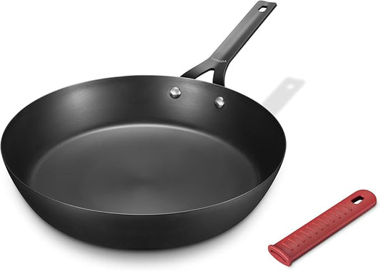 Carbon Steel Pan, 10 Inch Nonstick Frying Pan Skillet, Pre-Seasoned Carbon Steel Cookware with Removable Silicone Handle Holder, Indoor/Outdoor, Induction & Oven Safe