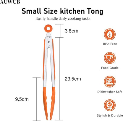 Silicone Salad Tongs - 9 Inch, 304 Stainless Steel Core & Non-Slip Grip, Red Color, Kitchen Utensils for Grilling Salad