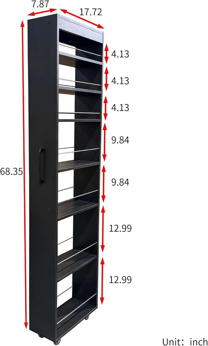 Slim Rolling Storage Cart, 7-Tier Pull-Out Spice Rack with Handle & Wheels, Narrow Kitchen Organizer for Next to Fridge, Pantry, Laundry Room, 7.87 Inch Wide Space Saver （Black,Exposed Wheels