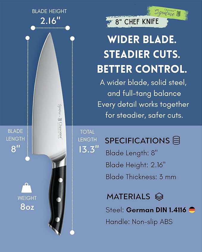 8 Inch Professional Chef Knife, 2.16" Extra Wide Blade German Steel DIN 1.4116, 3mm Thick Ultra Sharp Kitchen Knife with Full Tang Handle & Gift Box ｜Signature