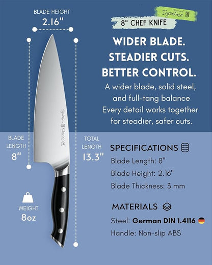 8 Inch Professional Chef Knife, 2.16" Extra Wide Blade German Steel DIN 1.4116, 3mm Thick Ultra Sharp Kitchen Knife with Full Tang Handle & Gift Box ｜Signature