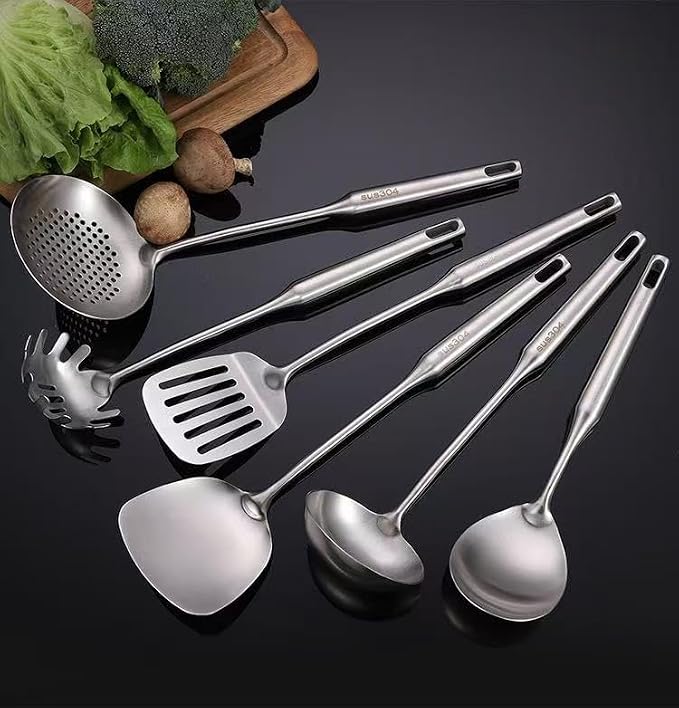 Premium 7-Piece Gold Kitchen Utensil Set with Stand, Stainless Steel Cooking Tools- Dishwasher Safe Ladle, Spoon, Spatula, Pasta Fork, Luxury Brass Kitchen Accessories for Home Chefs (silvery)