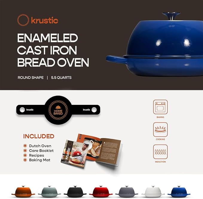 Krustic Enameled Cast Iron Dutch Oven for Sourdough Bread Baking | 6 Quart Round Pot with Lid | 10 Inch Ceramic Enamel Thick Coated Cookware Set with Non Stick Silicone Baking Mat for Cooking