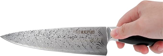 Ketuo Professional Chef Knife Damascus Carbon Steel with Laser Pattern Blade and Black Pakka Wood (8 Inch Chef Knife)