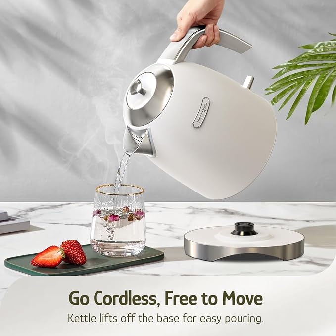 Hazel Quinn Electric Kettle - 1.7 Liters (57oz) Stainless Steel Water Kettle, BPA-Free Interior, 1200W Fast Boiling, Cordless, Rotational Base - Pearl White