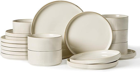 Famiware Star 18-Piece Stoneware Plates and Bowls Sets, Service for 6, Ceramic Dinnerware with Trim, Modern Rustic Dishes for Everyday/Formal, Chip/Scratch Resistant, Microwave/Dishwasher Safe, White