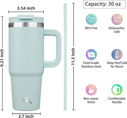 Konokyo 30 oz Tumbler with Handle and 2 Straws,2 in 1 Lid Insulated Water Bottle Stainless Steel Travel Coffee Mug,Blue Haze