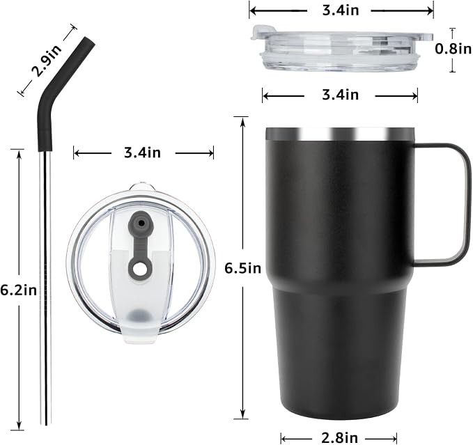 Sursip Insulated Coffee Mug with Handle and Lid, 24 oz Double Wall Vacuum Travel Thermal Coffee Tumbler with Straw for Home, Office Stainless Steel Coffee Cup - Leak proof, BPA Free (Black-1 Pack)