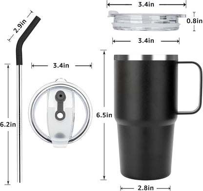 Sursip Insulated Coffee Mug with Handle and Lid, 24 oz Double Wall Vacuum Travel Thermal Coffee Tumbler with Straw for Home, Office Stainless Steel Coffee Cup - Leak proof, BPA Free (Black-1 Pack)