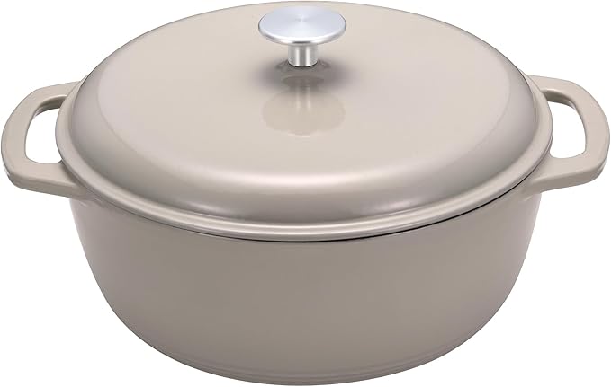 Amazon Basics Cast Iron Dutch Oven Pot with Lid, Enameled, Dual Handles, Round, Heavy-Duty, Medium, 6-Quart, Linen Gray