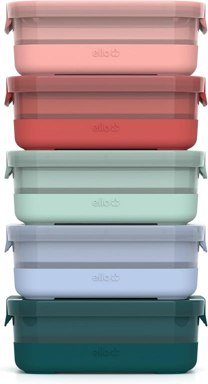 Ello Plastic Meal Prep Set BPA Free Plastic Food Storage Container with Silicone Boot and Airtight Lids, Dishwasher, Microwave, and Freezer Safe.
