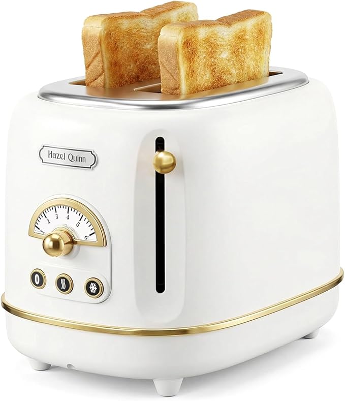 Hazel Quinn 2-Slice Retro Toaster, 6 Browning Levels, 3 Functions-Defrost/Reheat/Cancel, Removable Crumb Tray for Easy to Clean, 1.5 Inches Extra Wide Slots - Pearl White
